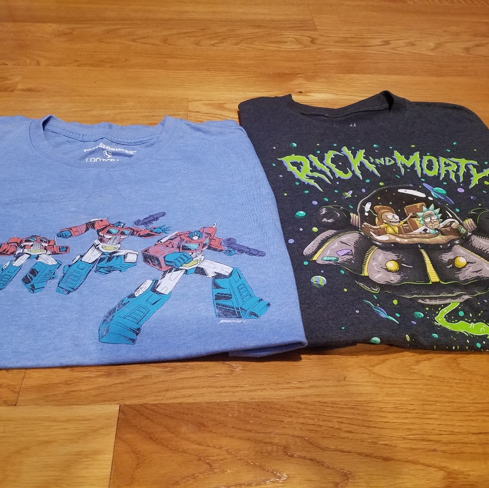 2 graphic tees Transformers, Rick and Morty XL